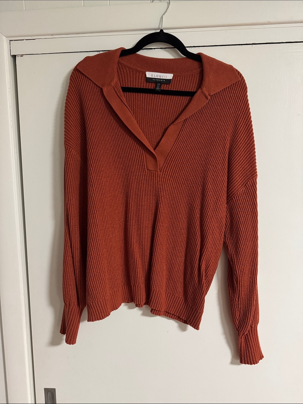 Eloquii Burnt Orange Ribbed V-Neck Collared Sweater